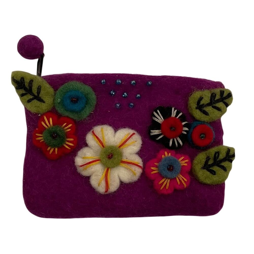 Purple Wool Floral Beaded Coin Purse, Boho, Made in Nepal